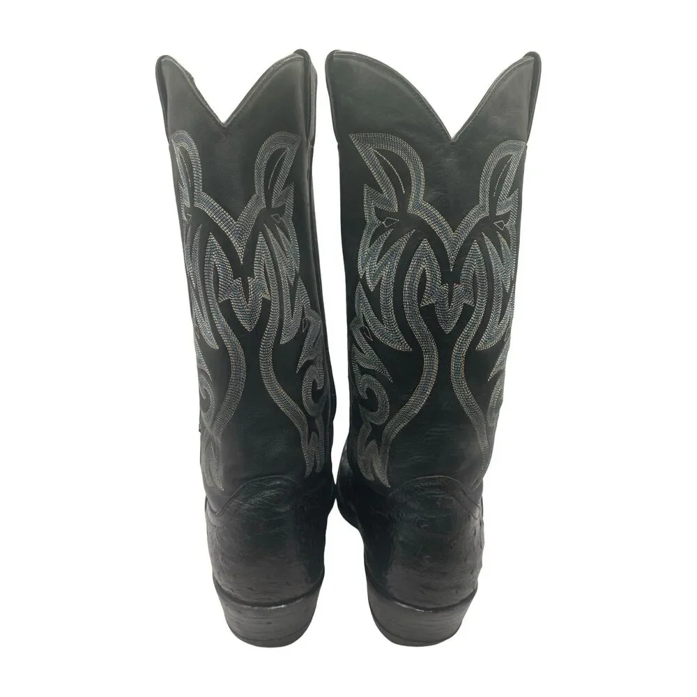 Tony Lama Boots Men's Size 7 D Black Ostrich Leather Cowboy Western USA *Worn